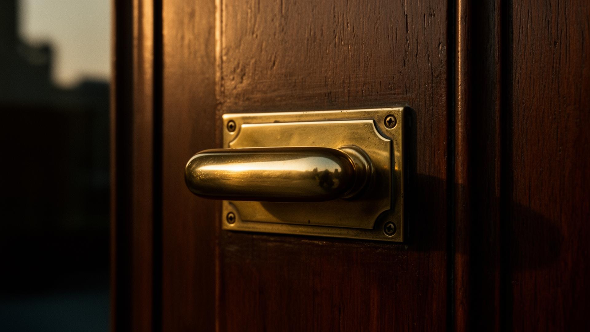 Polished brass door handle on a dark walnut door.