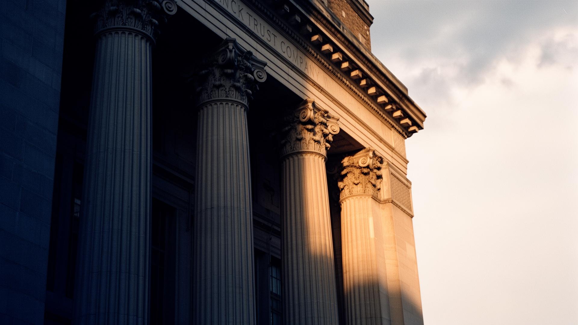 Classical institutional facade with Corinthian columns at golden hour.
