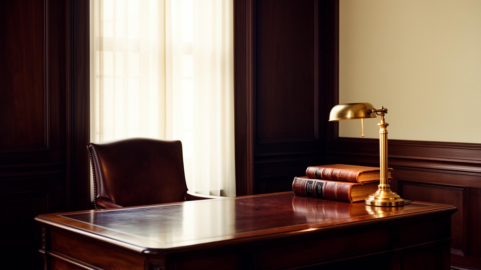 Walnut desk with leather chair, bound ledgers and a brass banker's lamp in a paneled private office.